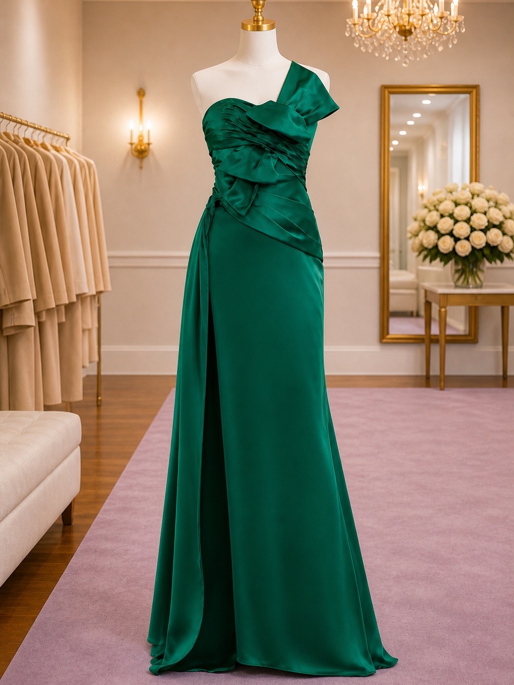 Mac Duggal 20585 Emerald One Shoulder Satin Bow Gown Formal Prom 8 NWT MSRP $798